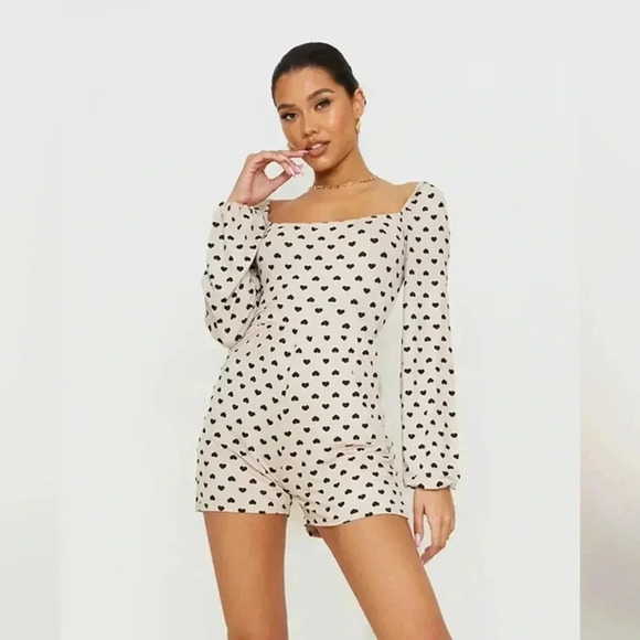 Stone Heart Print Tie Back Long Sleeve Romper - Picture 1 of 12
